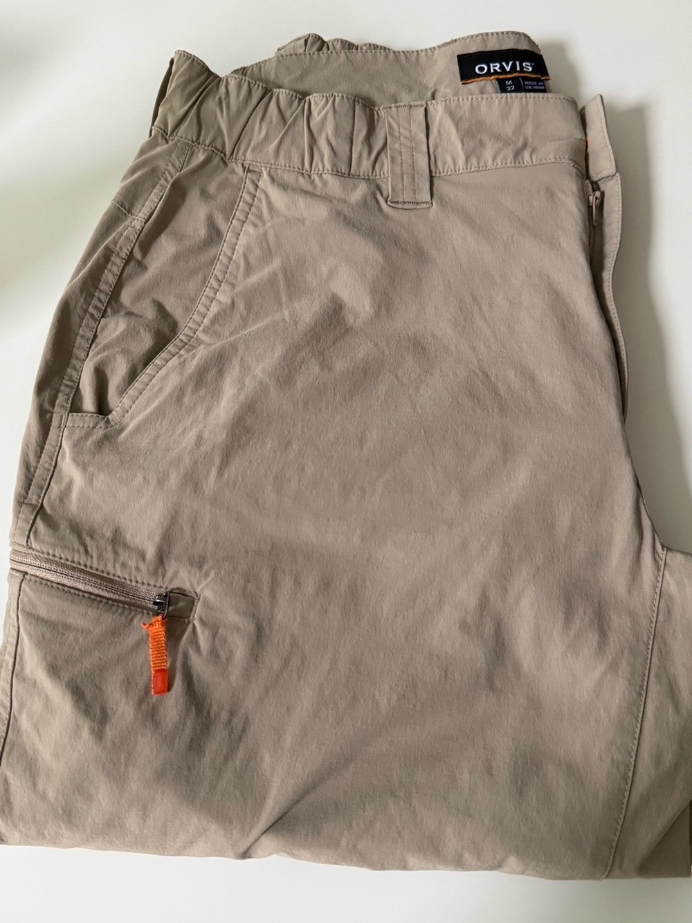 Orvis Lightweight Cargo Pants – Size 32/M, Khaki, Outdoor Trek, EUC- Orange Zip